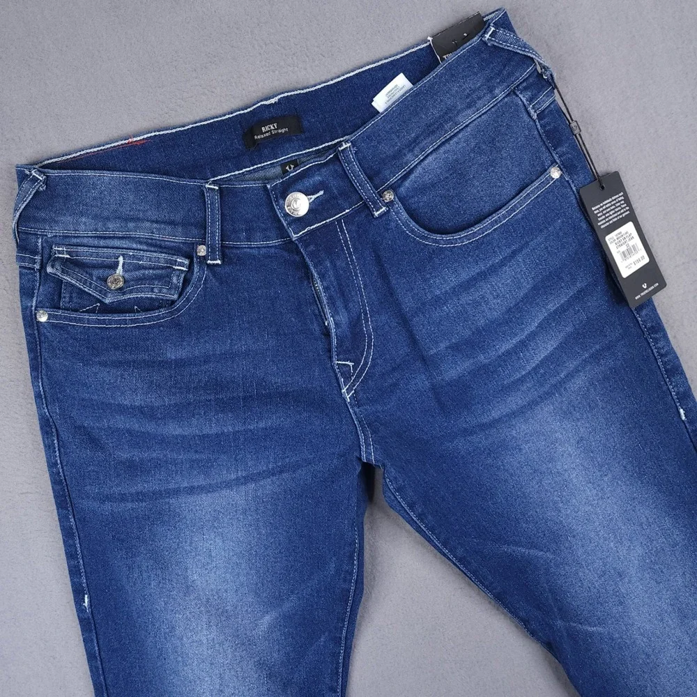 True Religion Ricky Straight Jeans Mens‎ 32x34 Blue Flap Pocket Y2K Streetwear